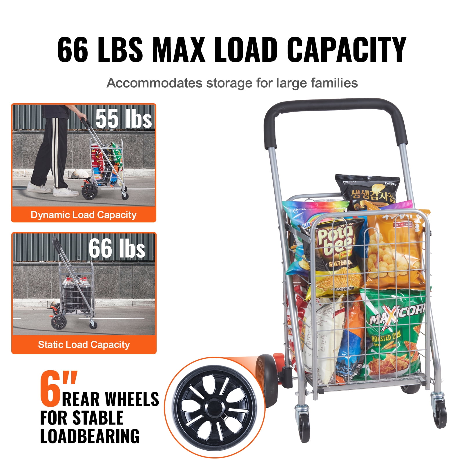 KFFKFF Folding Shopping Cart Utility Grocery Basket Cart Shopping Wheels 66 lbs
