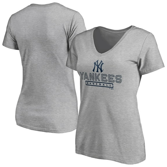 Women's Gray New York Yankees Evanston Stencil V-Neck T-Shirt