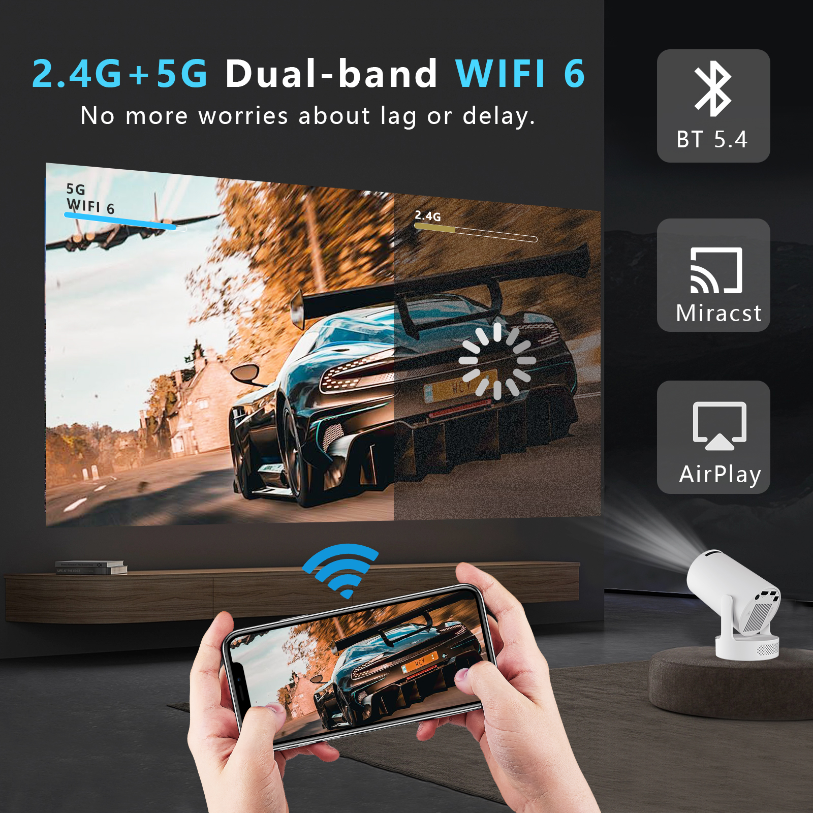 Mini Projector with WiFi and Bluetooth, Portable Projectors with Mouse, 40-200" Smart Outdoor Movie Projector 4K 1080P Support, 180° Rotatable Home Vedio Projector Compatible with HDMI/USB/Smartphone