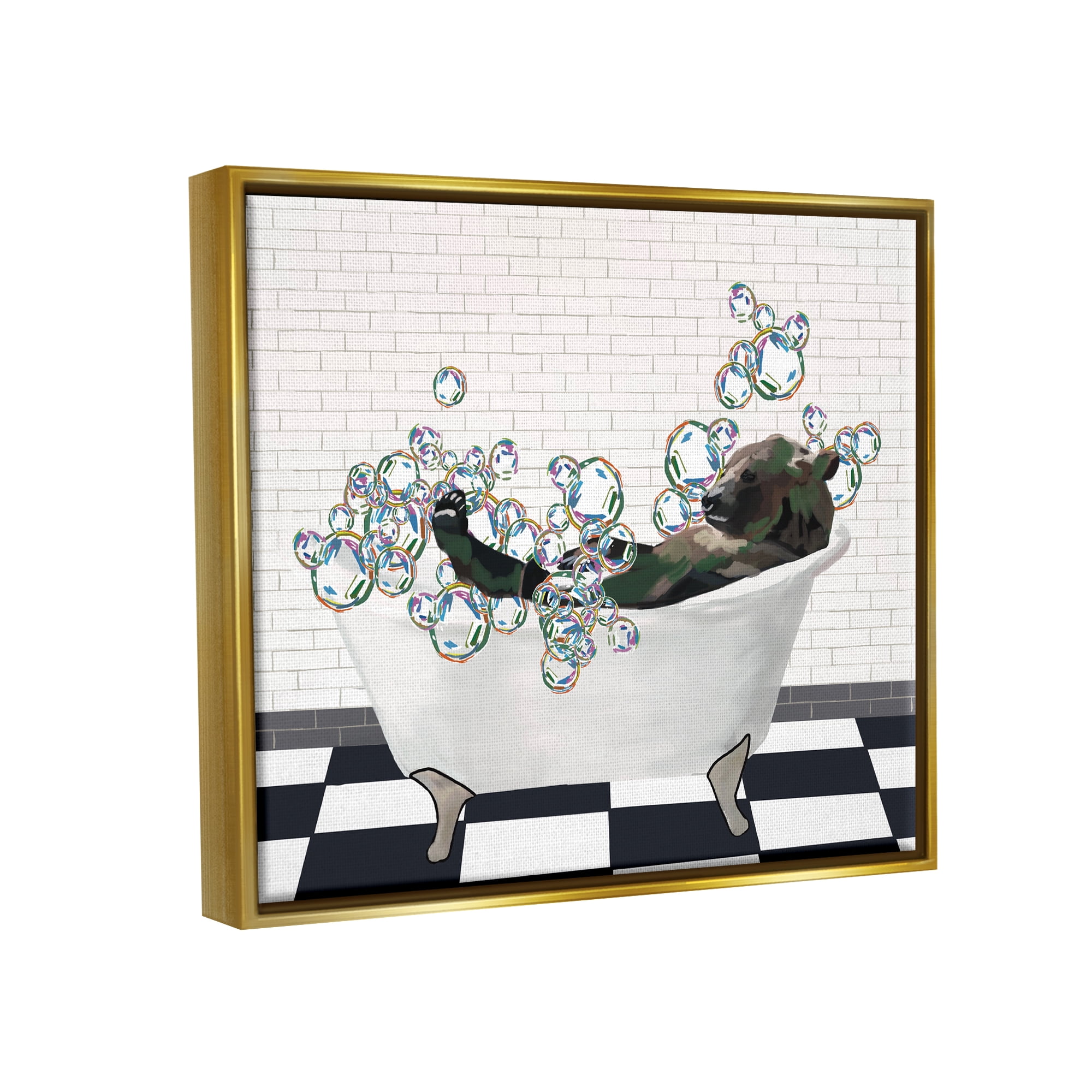 Stupell Industries Bear in Bubble Bath Animals & Insects Painting Gold Floater Framed Art Print Wall Art, 21 x 17