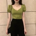 thumbnail image 2 of Camisa de mujer Blusa corta con cuello en V y manga corta con cuello en V Blusa informal, Verde, L Vogacara  AP001254-08B, 2 of 7