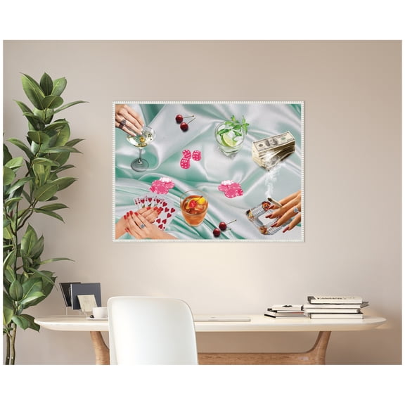 Kate and Laurel Framed Canvas Wall Art Print Poker Night Green by Honey Island Studio, 38 x 28 Sylvie Beaded White Frame, Modern Contemporary, Still Life Art for Wall Decor