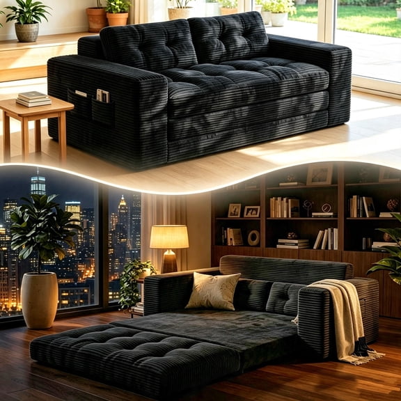 Convertible Loveseat Sleeper Sofa Bed, Lofka 59''Folding Floor Sofa Bed with 2 Pillows & Pockets for Small Spaces, Corduroy Cloud Sofa for Apartment Living Room, Black