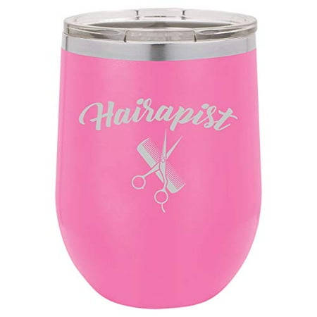 

12 oz Double Wall Vacuum Insulated Stainless Steel Stemless Wine Tumbler Glass Coffee Travel Mug With Lid Funny Hairdresser Hairapist (Hot Pink)