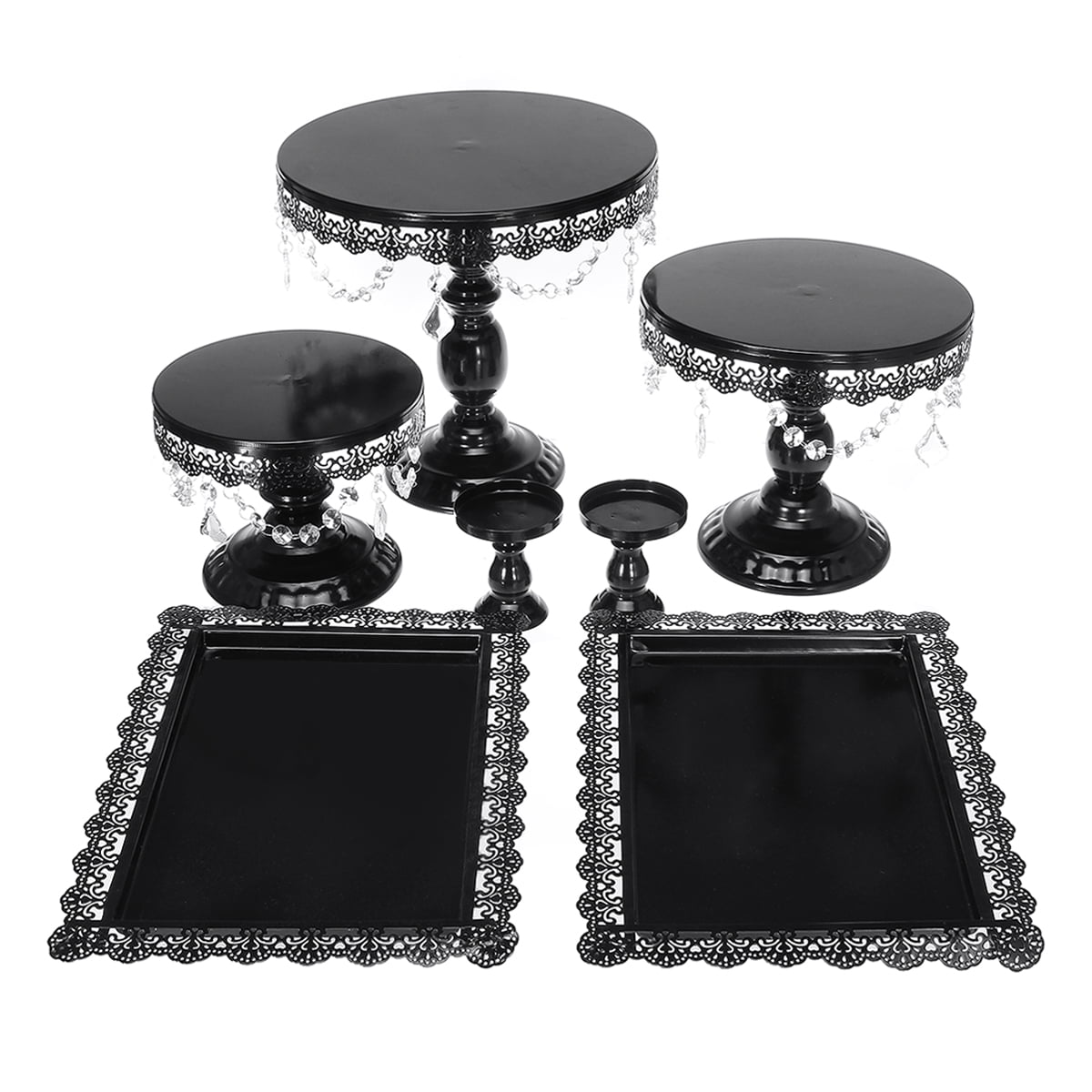 Set of 7 Pieces Cake Stand with CrystalChain and Pastry Trays Metal