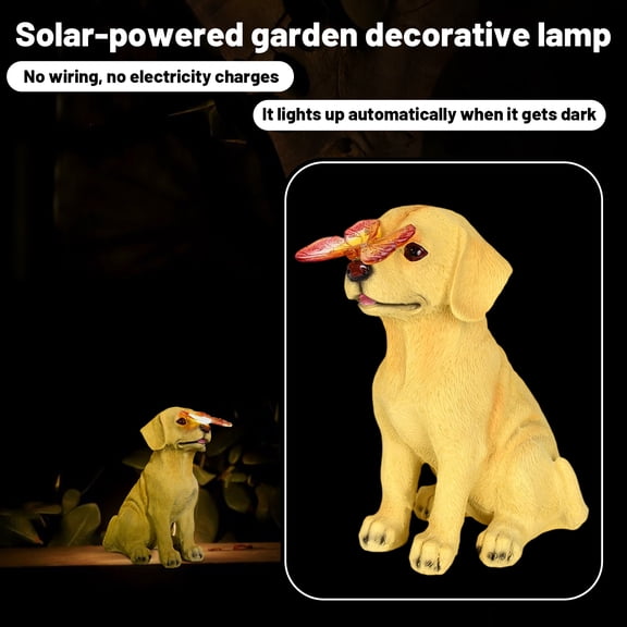 9.4" Solar Puppy Garden Statue with Butterfly Light, Waterproof Resin Dog Figurine for Outdoor Lawn and Pathway, Cute Animal Landscape Ambient Light for Patio Decor