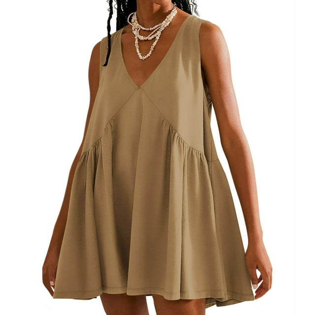 Ovzne Robes pour Femmes 2025 Robe pour Femme Mode Femmes Été Décontractée Unie Col en V Sans Manches Robe Mini Grande Taille Robe Maxi Liquidation