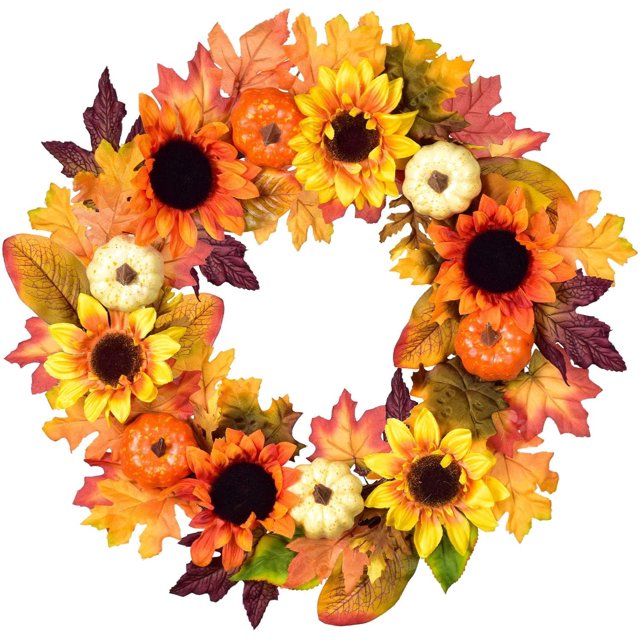 Liquidación de decoración de corona de otoño de 20 pulgadas de Floween: corona de otoño colorida con calabaza y girasoles, corona de cosecha para la puerta de entrada, el hogar, Halloween, Acción de