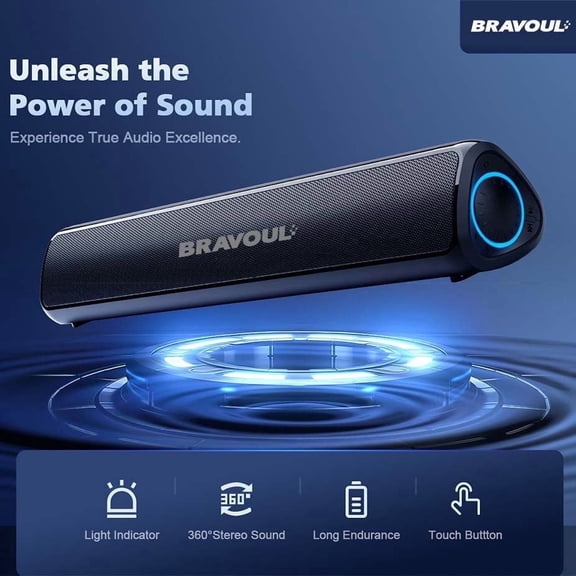 Bravoul Bluetooth 2.0-Channel Stereo 18.11 in Sound Bar with Charging Cable & Built-in Amplifier, Black