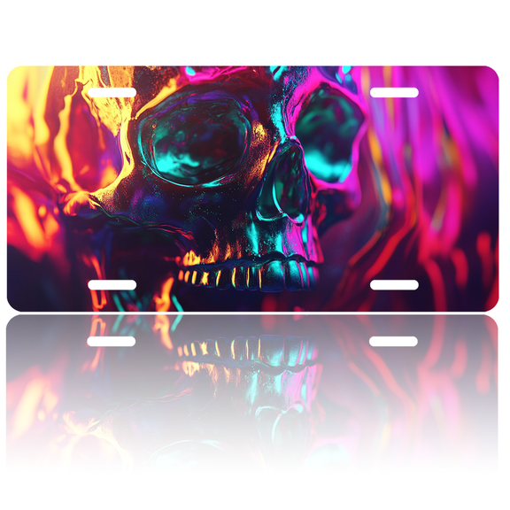 1 Pcs License Plate Covers & Frames, Neon - lit Metallic Skull with Vibrant Colors For Decorative Front, Aluminum License Plate Covers & Frames Cover For Men Women, 12" X 6"