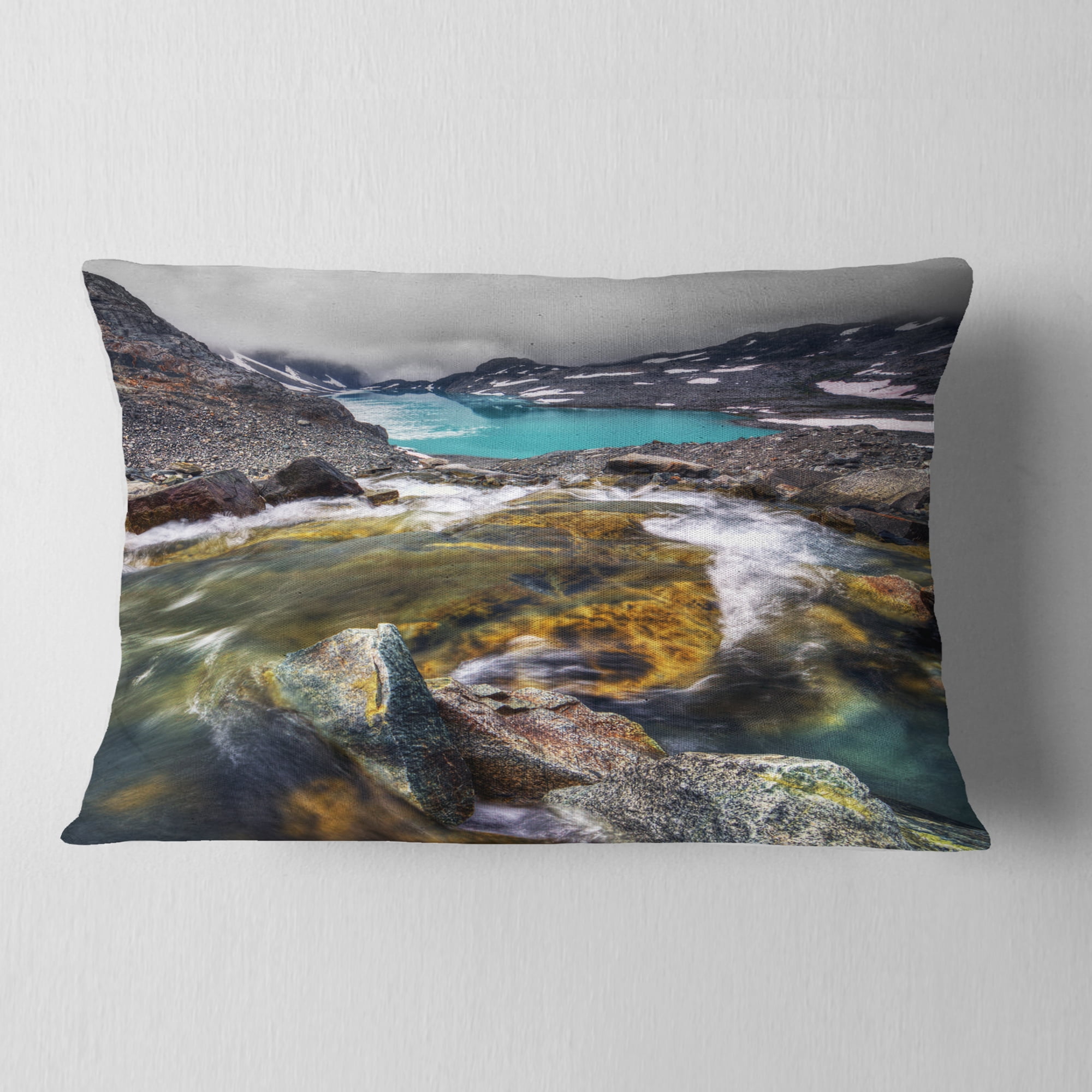 Designart Mountain Creek Flowing into Lake - Landscape Printed Throw Pillow - 12x20