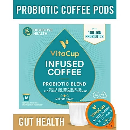VitaCup Probiotic Blend Coffee Pods 16ct w/ Probiotics, Aloe Vera, Vitamins, Vegan|Keto|Paleo|Whole30 Friendly, B1, B5, B6, B9, B12, Compatible with K-Cup Brewers Including Keurig 2.0, Top Rated