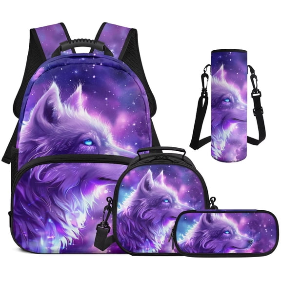 Yuyamidu Galaxy Wolf Backpack for Boys Kids Backpack with Lunch Box Water Bottle Carrier Pencil Case 4 in 1 Set 17" Bookbag with Compartments Lightweight School Bag with Front Pocket, Purple