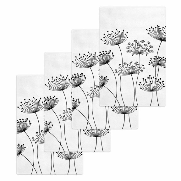 Black Dandelion Kitchen Dish Towels for Drying Dishes Set of 4, Country Modern Minimalist Flower Waffle Weave Microfiber Hand Tea Bathroom Towels Quick Dry & Absorbent Towel 15.7x23.6
