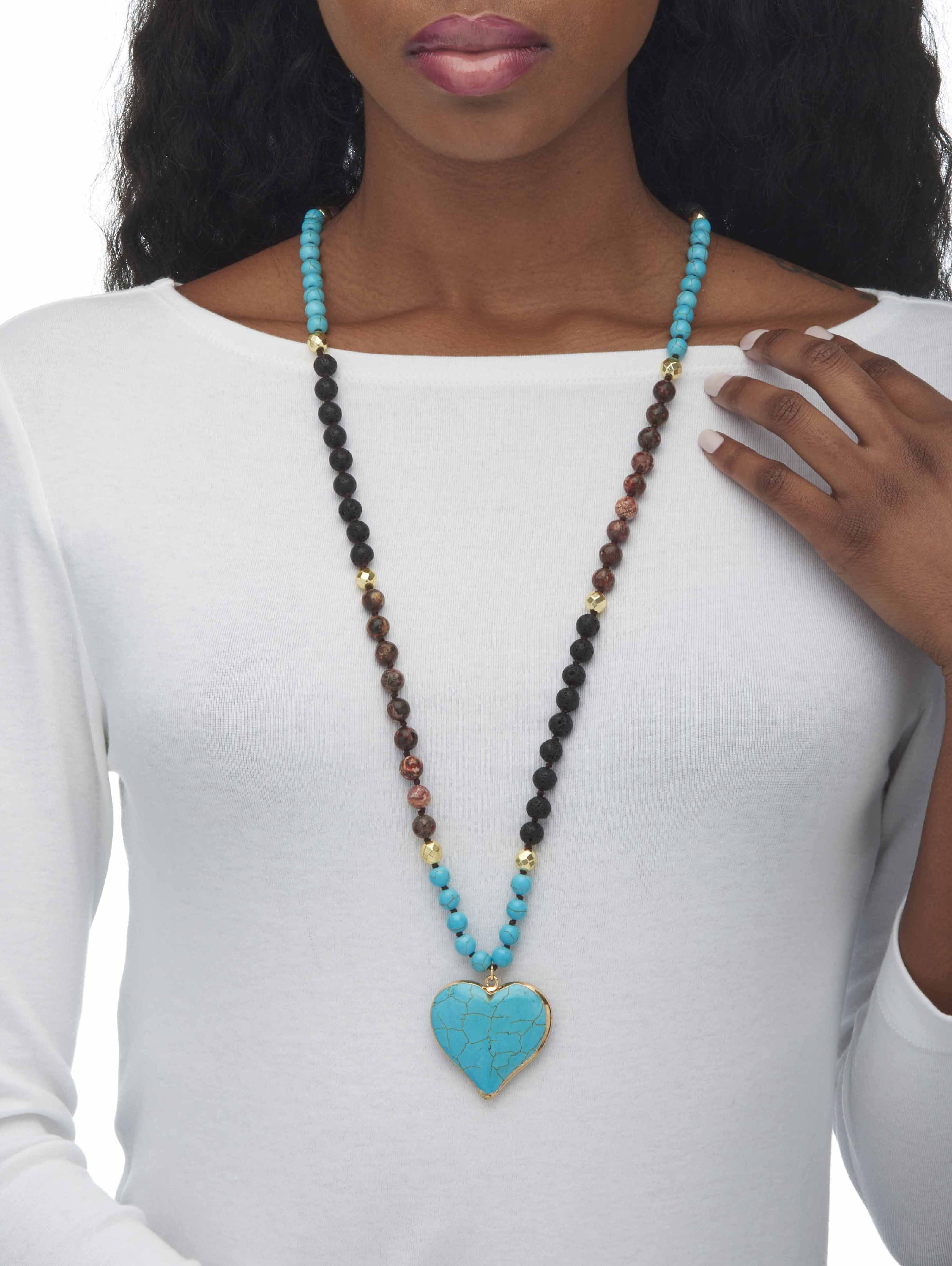 PalmBeach Jewelry Genuine Turquoise Jasper and Lava Stone Beaded Heart Pendant Necklace 34 Inch