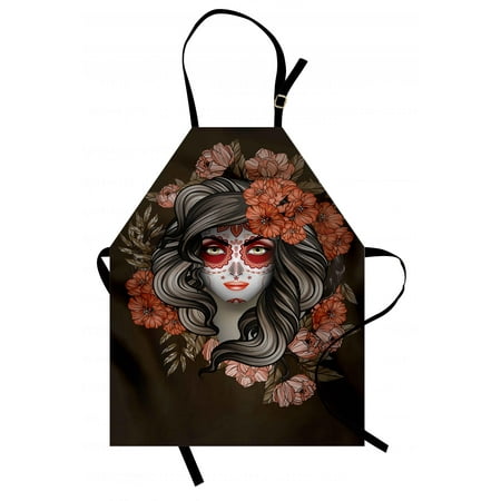 Calavera Bowl - Day Of The Dead Apron Spanish Woman with Festive Calavera Makeup Art and Flower Blooms, Unisex Kitchen Bib Apron with Adjustable Neck for Cooking Baking Gardening, Army Green Salmon, by Ambesonne