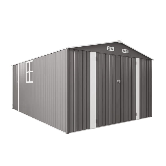 DuraYu 10×14 ft Outdoor Metal Storage Shed, Galvanized Steel Tool Shed with Three Lockable Doors, Window and Vent, Backyard and Patio Storage, Gray