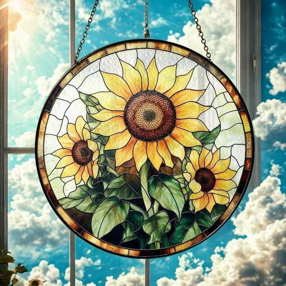 Sunflower Stained Glass Suncatcher, Bright Summer Flower Window Hanging Decor, Garden Lover Gift for Mom or Grandma