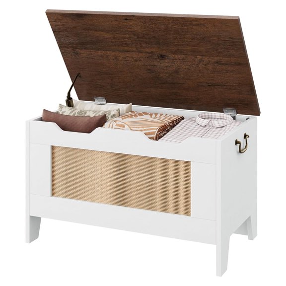 Storage Chest, Rattan Toy Chest 30"x15.7"x19.7" Wooden Storage Bench with Safety Hinge, Blanket Chest, Entryway Bench, Supports 350 lb, Storage Trunk for Living Room, Bedroom, Playroom