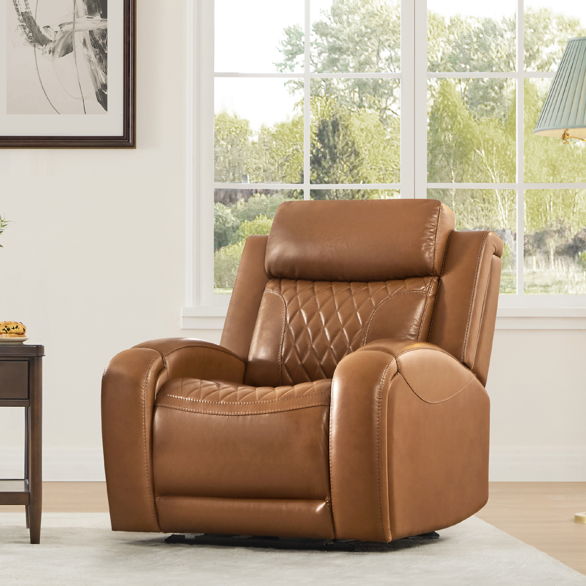 Spruce & Spring Leather Dual-Motor Lay Flat Recliner for Living Room, Saddle