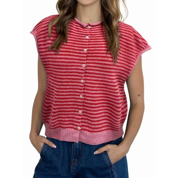 Women's Light-Weight Cap Sleeve Cardigan Summer Casual Striped Knit Open Front Button Down Sweater Red S