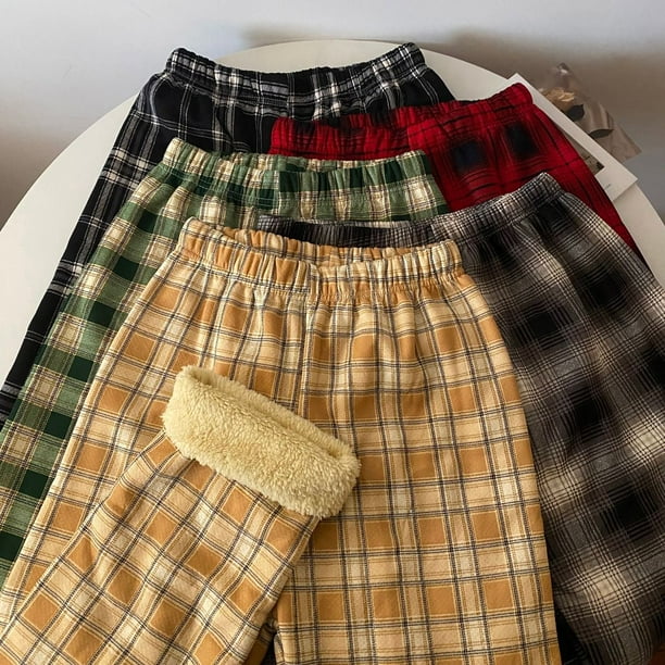 Pantalones a cuadros para mujer, otoño e invierno, con forro polar, cintura alta gruesa, drapeados, pantalones rectos sueltos, pantalones casuales de pierna ancha de lana de cordero