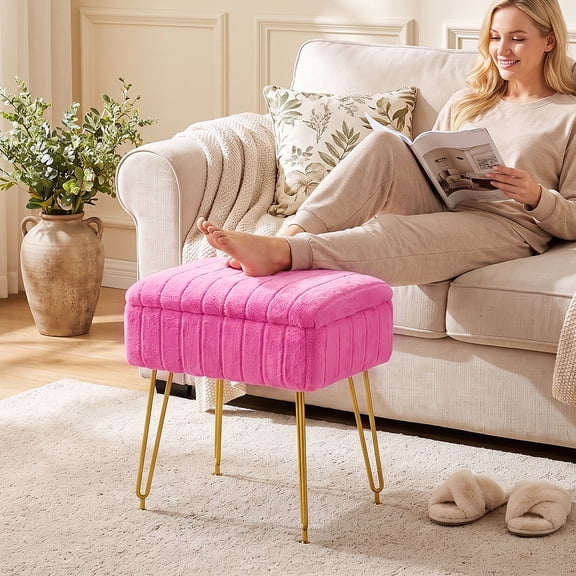 Kbun Faux Fur Vanity Stool with Storage, Makeup Ottoman Chair with Upholstered Seat, Metal Legs & Anti-Slip Feet for Bedroom, Living Room, Rose Pink