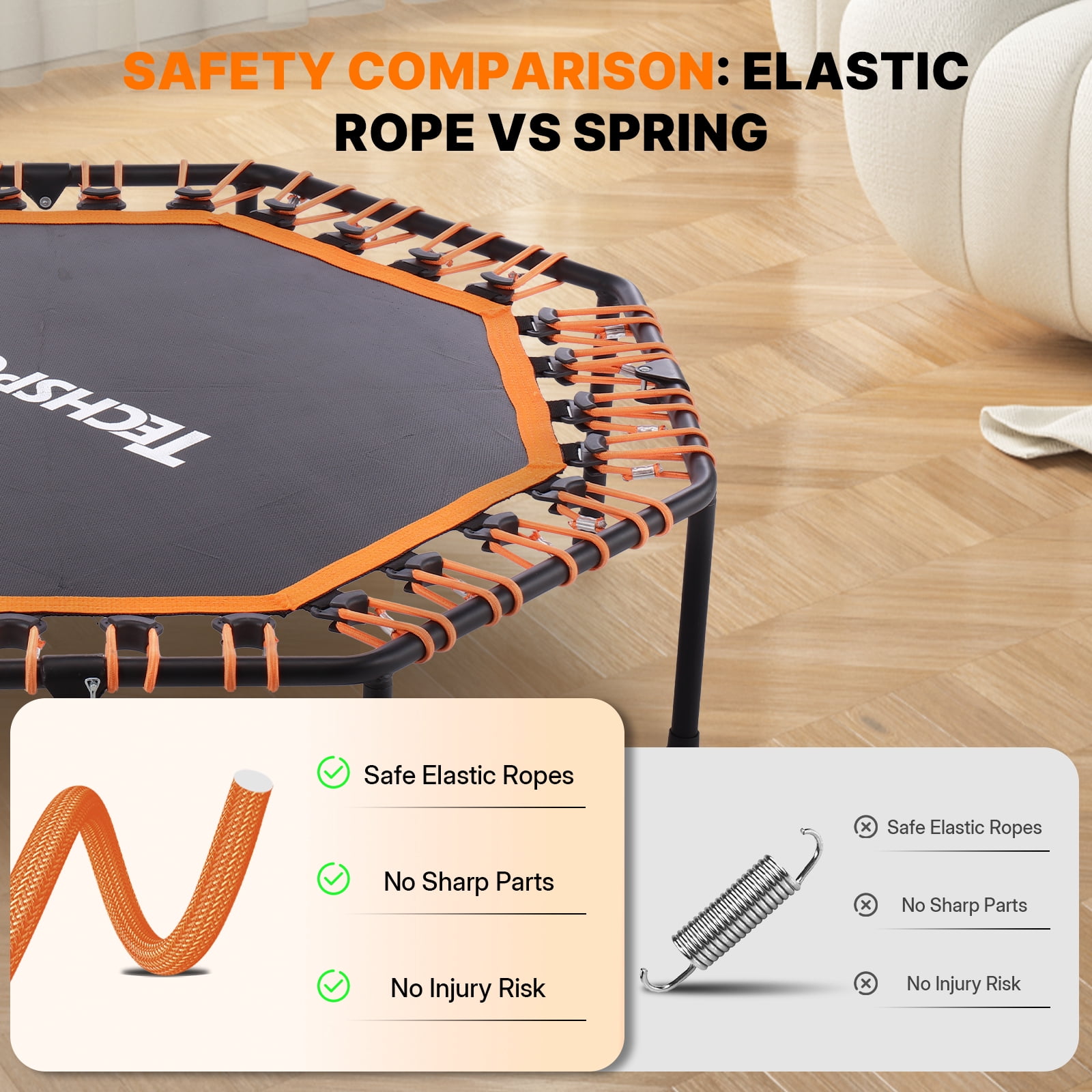 50 Inch Fitness Trampoline with T-Bar Handle – Quiet Adult Mini Trampoline with Silent Elastic Ropes, 10-Minute Fat Burning Cardio Workout at Home, Easy Assembly, Red/Black