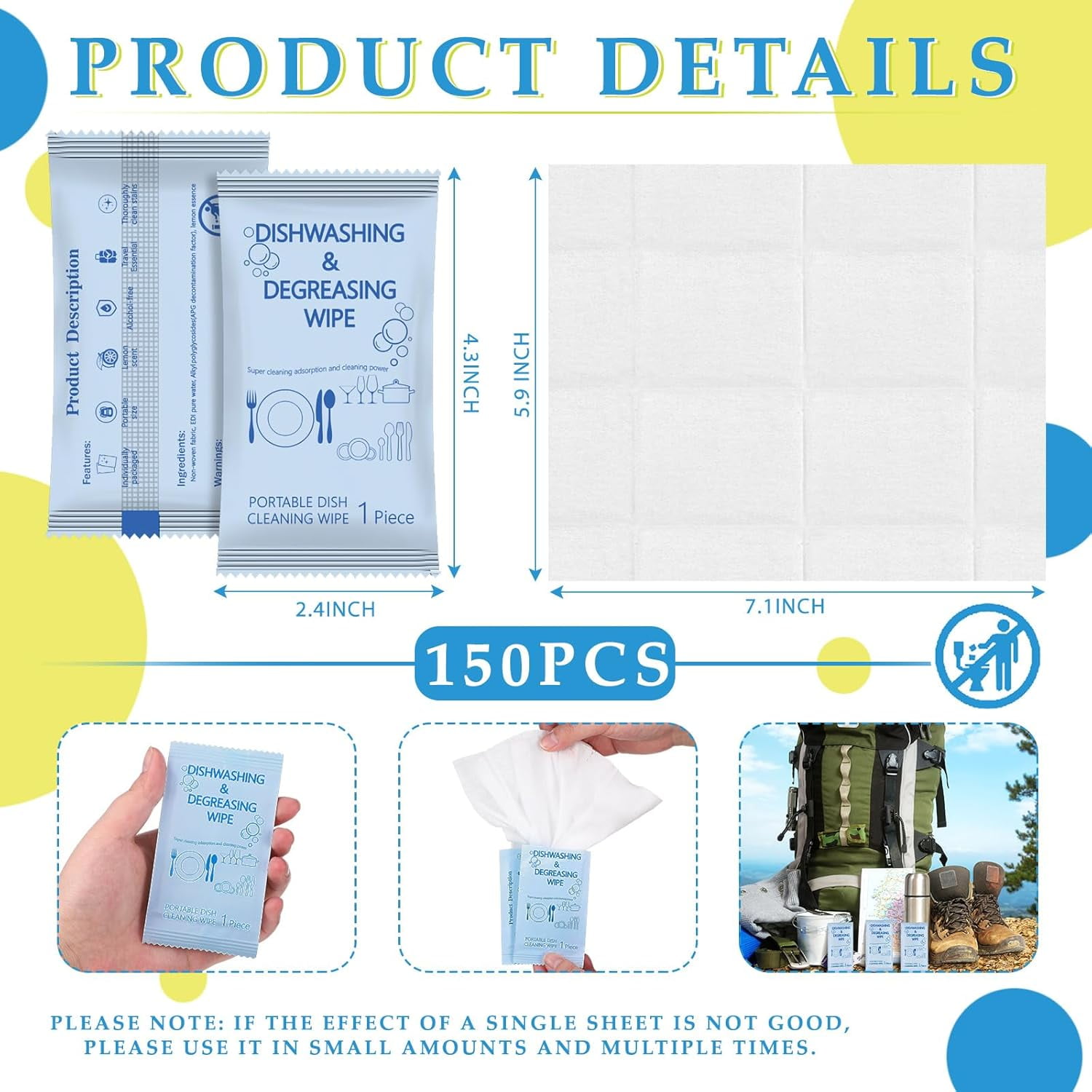 150 Pcs Travel Dish Soap Wipes Individually Wrapped Dish Cleaning Wipes Disposable Portable Cleaner with Lemon Scent for Camping Kitchen Outdoor Traveling Quick Clean