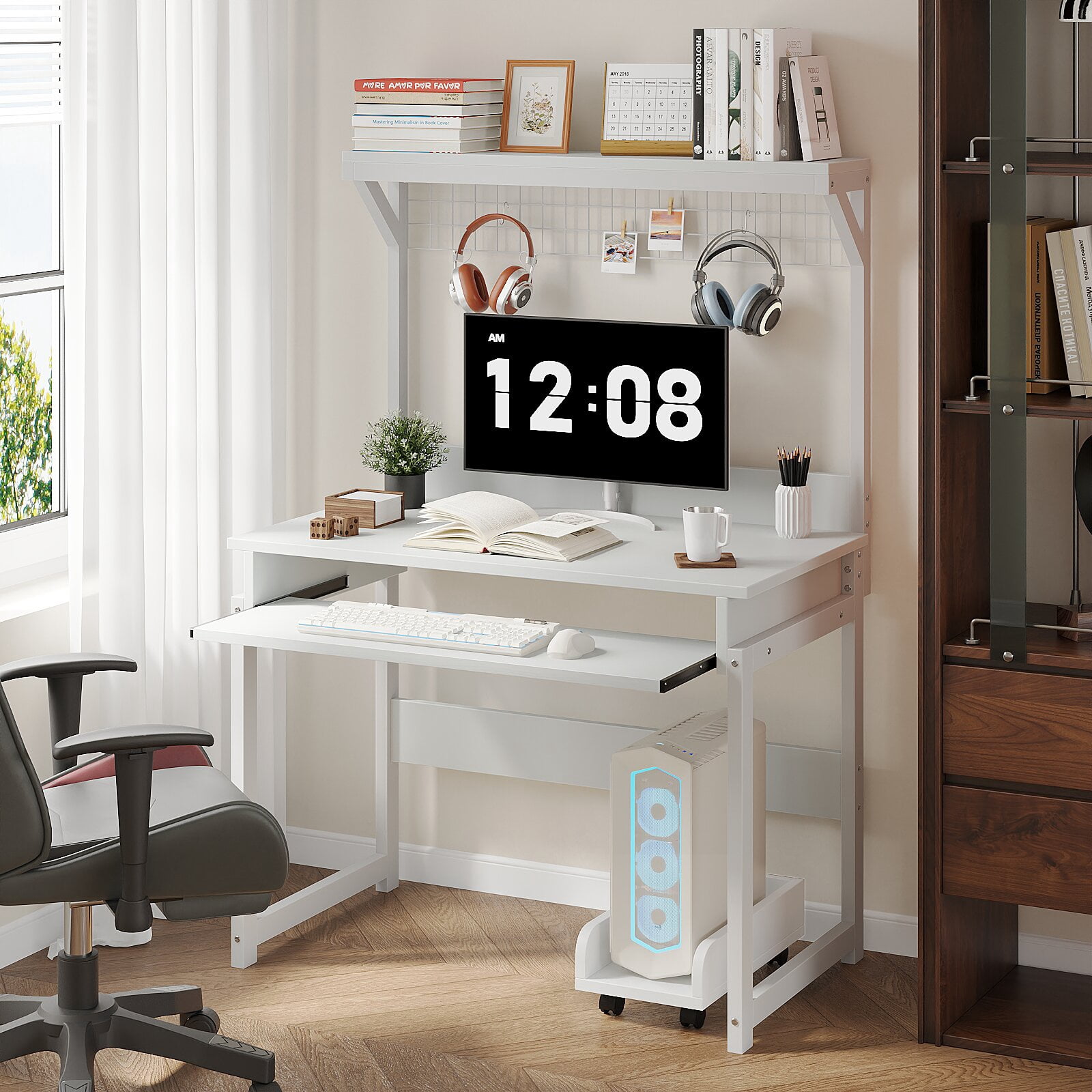 NEWSENDY Industrial Style Multi-tier Standing Computer Desk with Keyboard Tray & Storage Shelves, Sturdy Home Office Workstation for Adults