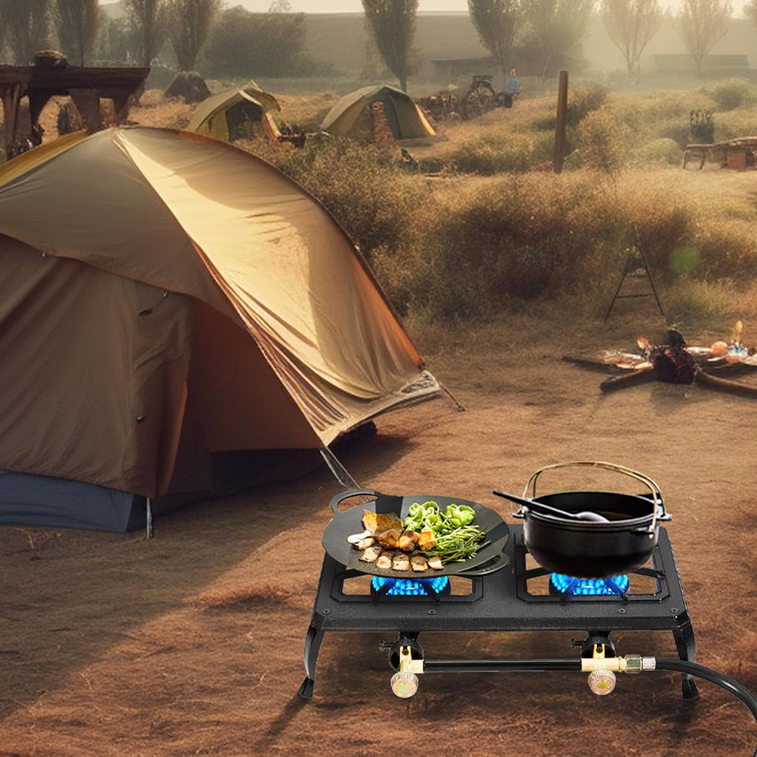 Vivicreate 2-Burner Cast Iron Camping Stove with CSA Listed Regulator and Gas Hose（HT-C-0012）
