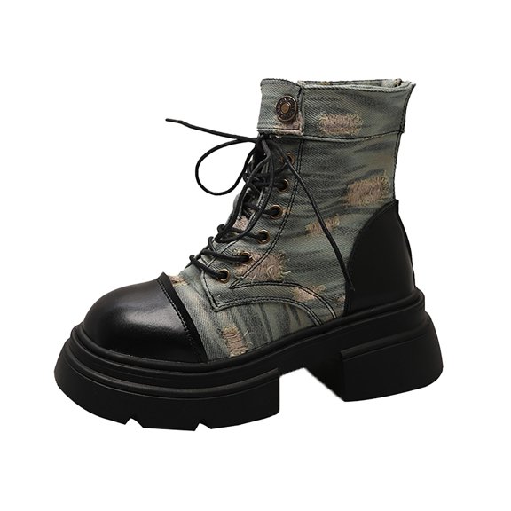 NOKIO Women'S Contemporary Lace-Up Ankle Boots Chunky Sole Women'S Boots Fashion Women's Shoes British Leather Lace Up Back Zipper Solid Casual Boots Women'S Stylishankle Boots With Metallic Accents