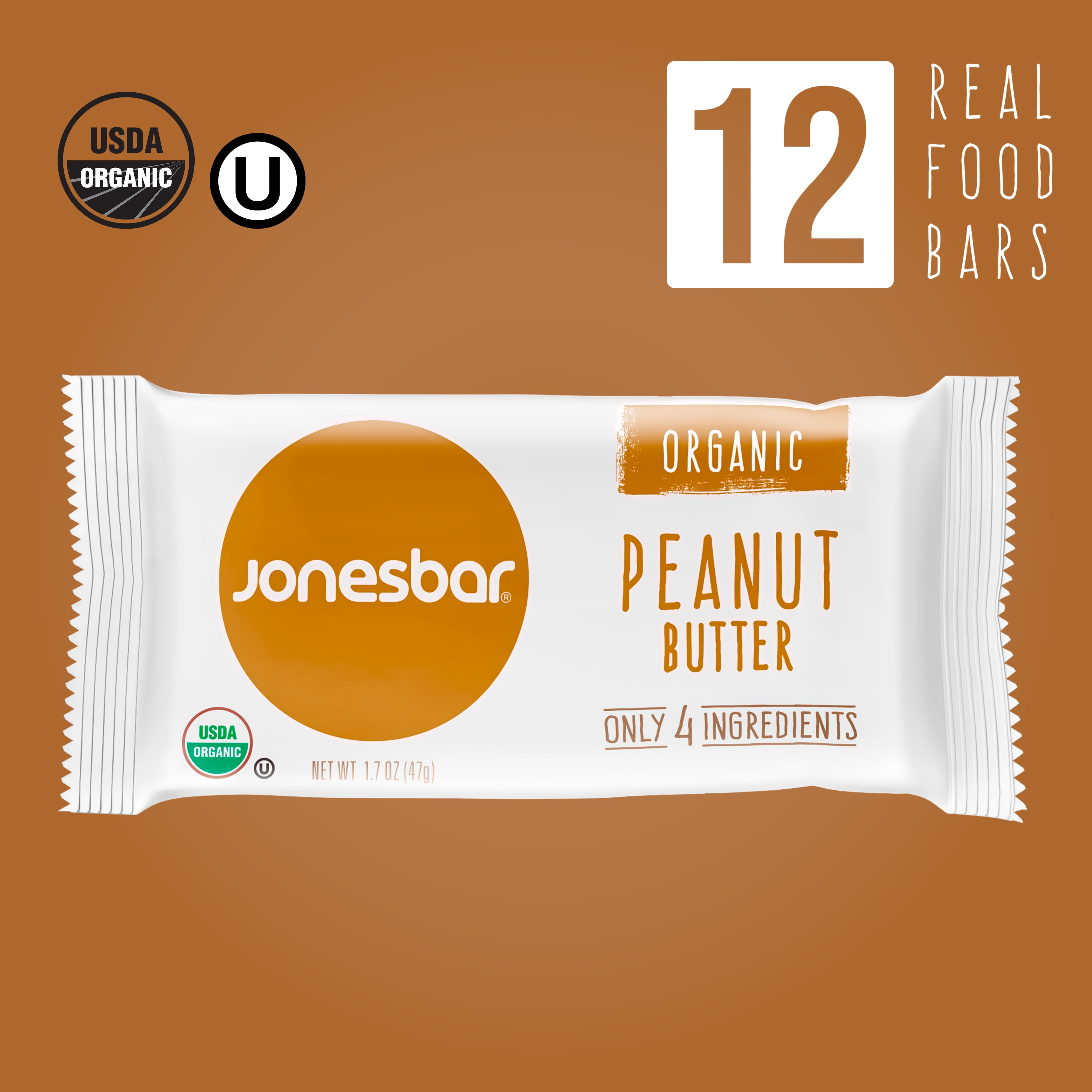 JONESBAR (Peanut Butter, 12 Count (Pack of 1)), USDA Organic Fruit & Nut Bar, Non-GMO, Kosher, Vegan, Gluten Free, Simple Snack Bar