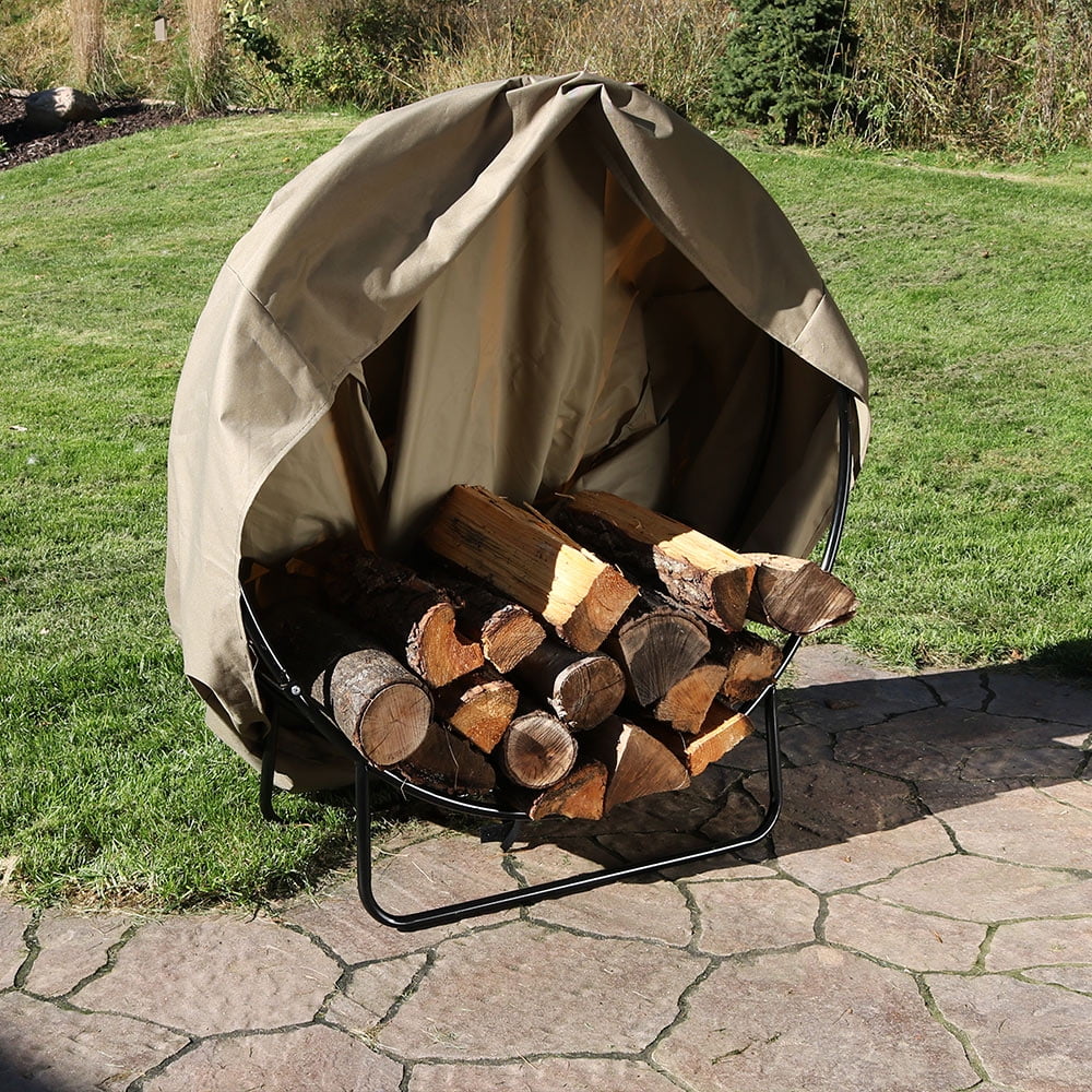 Sunnydaze Firewood Log Hoop Holder with Khaki Cover Outdoor Black Steel