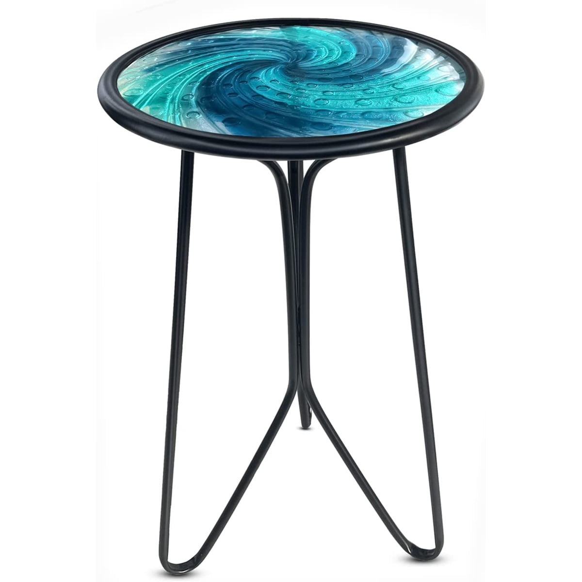 Liffy Blue Vortex Glass Side Table, 12" Round End Table, Plant Stand for Patio, Living Room
