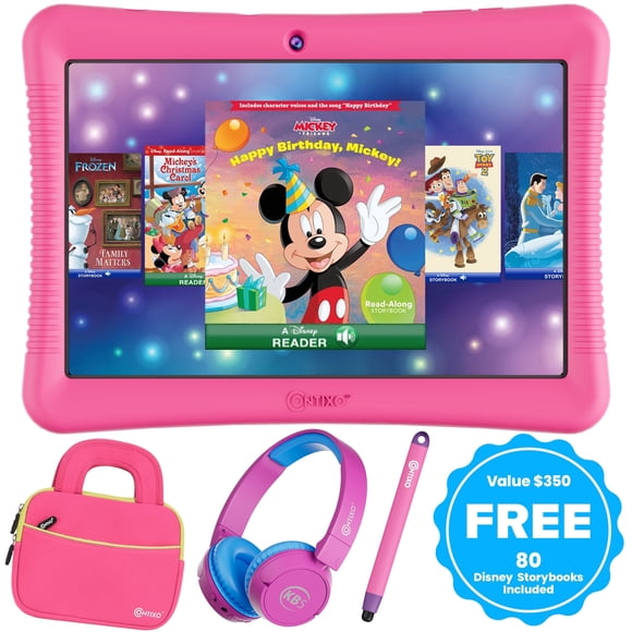 Contixo Modèle 2025 Tablette pour Enfants 10 Pouces Ensemble K102, 80 Histoires Disney, Écouteurs Bluetooth, Étui, Stylet, 32 Go, Contrôles Parentaux, Tablette pour Enfants 3-14 - Pink