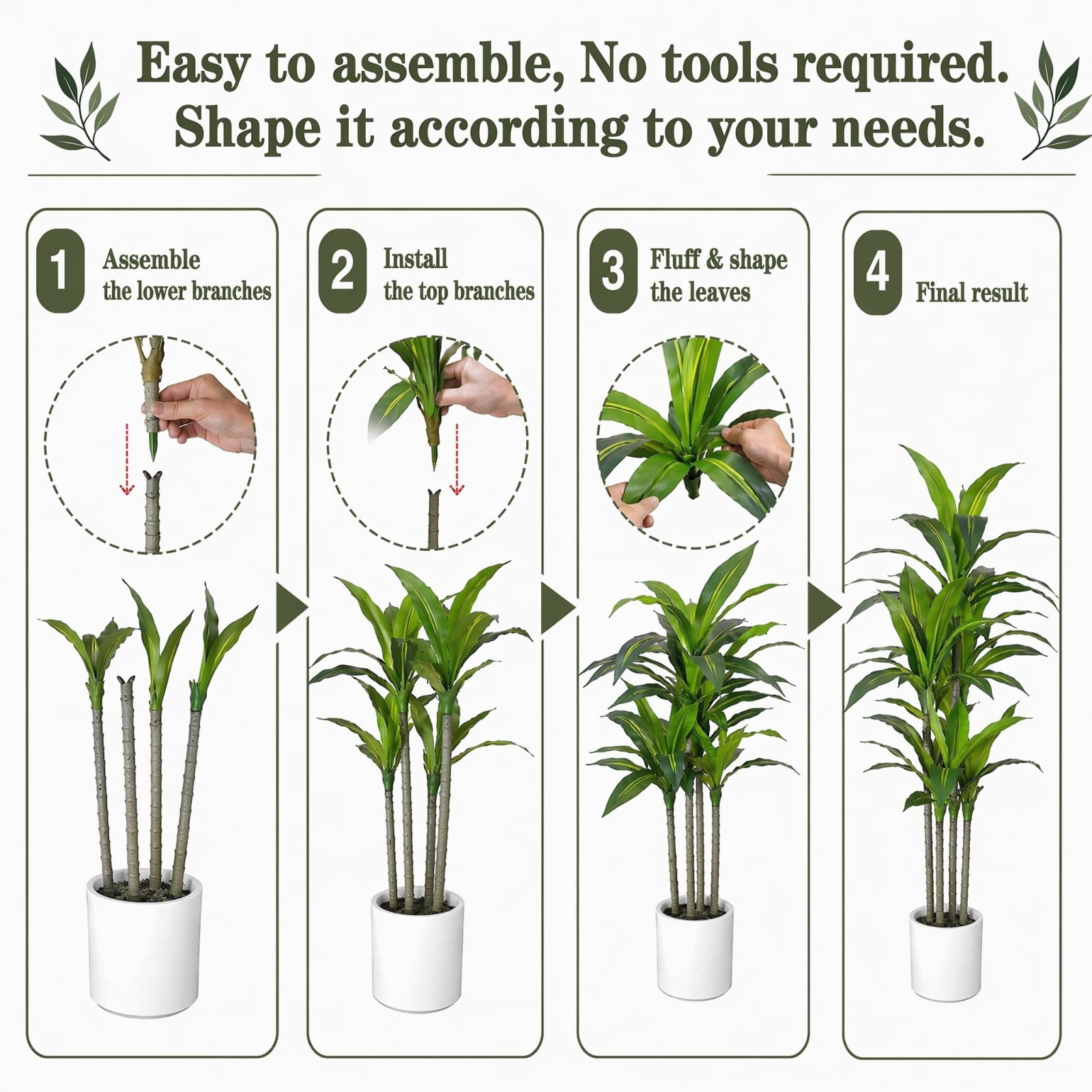BEAUTYPEAK 4FT Artificial Dracaena Tree Fake Plants for Indoor Outdoor Decor, Upgraded White Pot