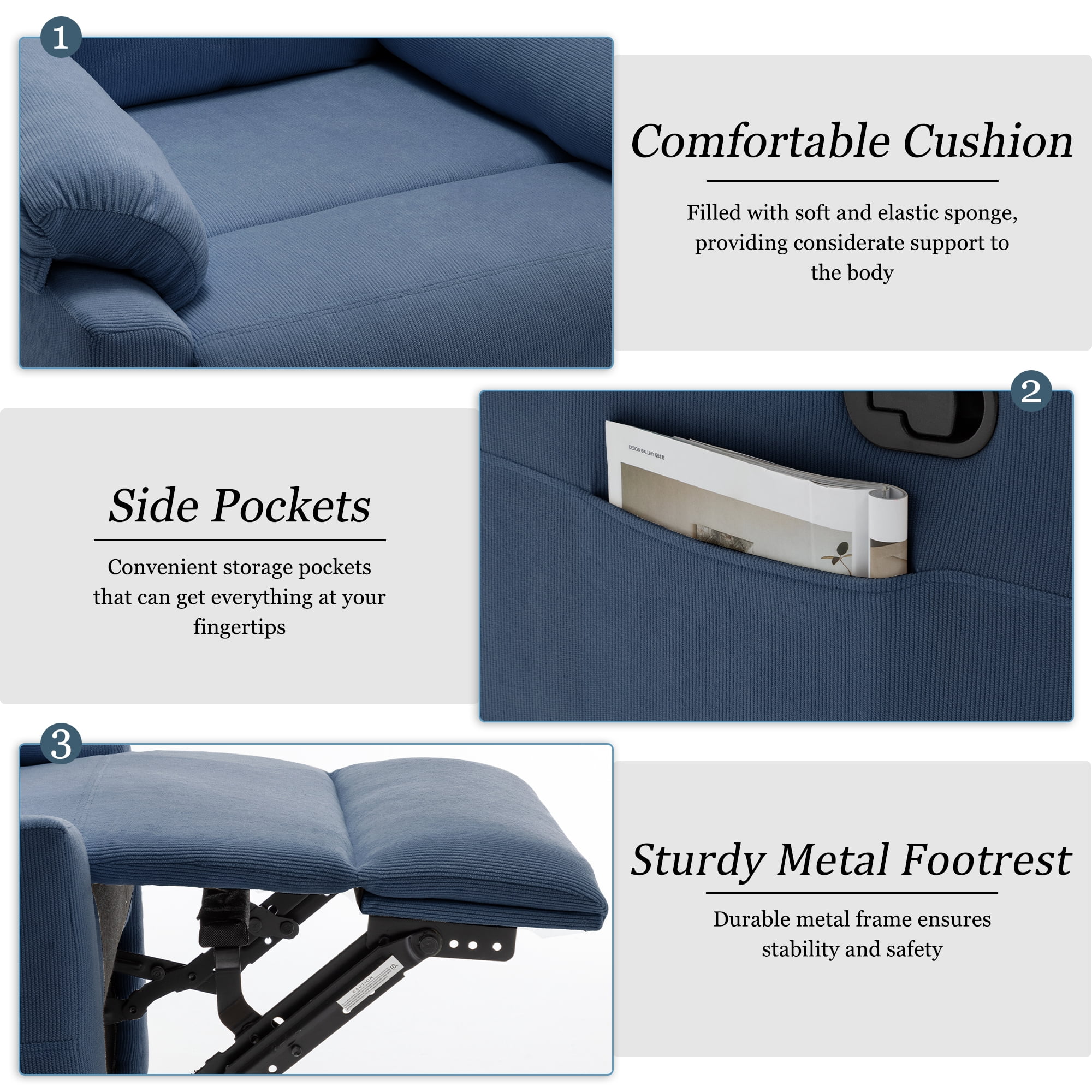 Korser Manual Small Recliner Chair for Small Spaces for Living Room,Corduroy,Blue