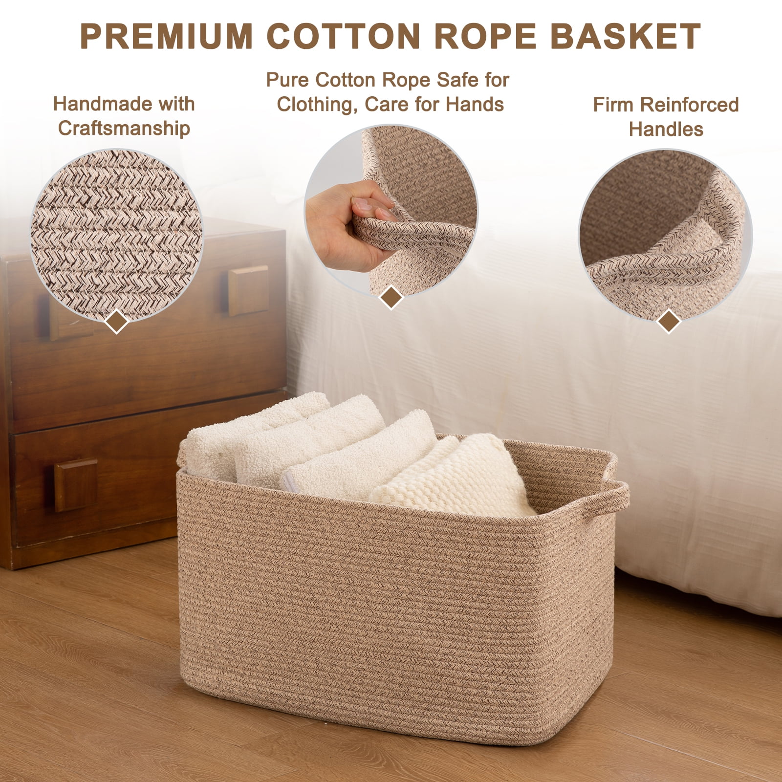 CHERISHGARD Blanket Basket 90L Rectangle Rope Baskets for Storage, Cotton Rope Basket for Bedroom Livingroom Washingroom