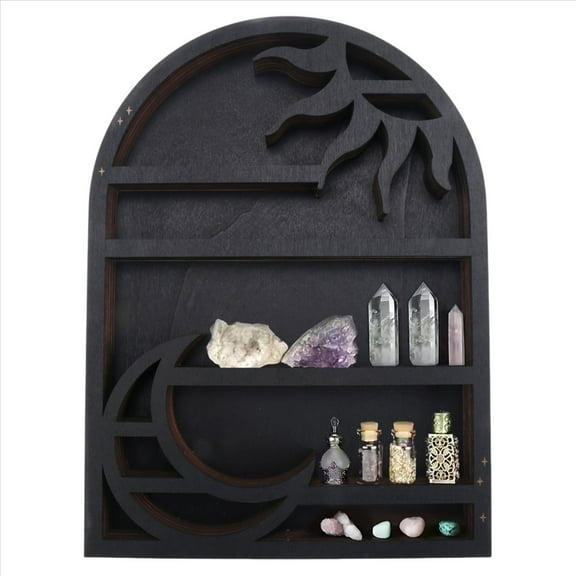 Wood Storage Shelf - Stylish and Practical Wall Shelf, Crescent Sun Moon Crystal