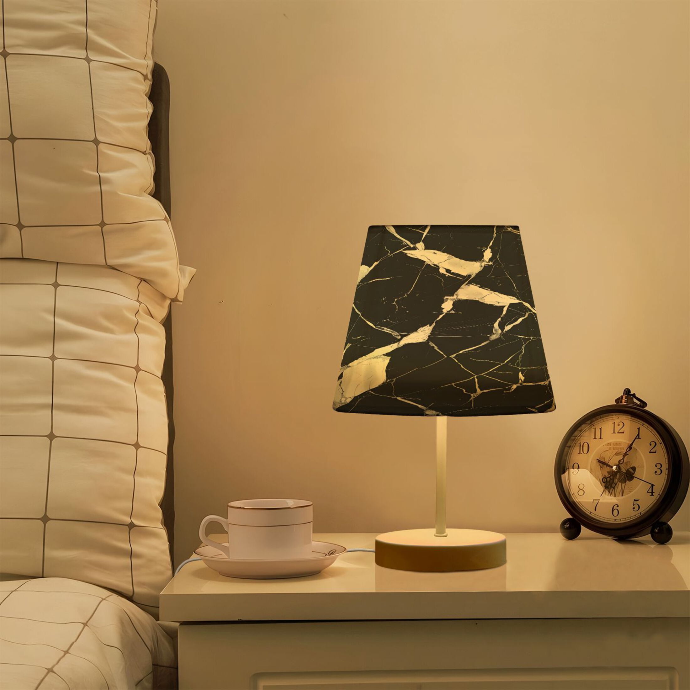 Ryvnso LED Bedside Table Lamp Black and White Marble Bedroom Desk Lamps Nightstand Lampshade S