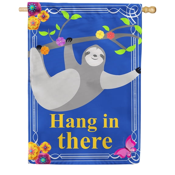 America Forever Hang In There Sloth House Flag 28 x 40 inches Cute Sloth Hanging on the Tree Double Sided Inspirational Positive Quote Summer Seasonal Yard Outdoor Decorative Motivational Flag