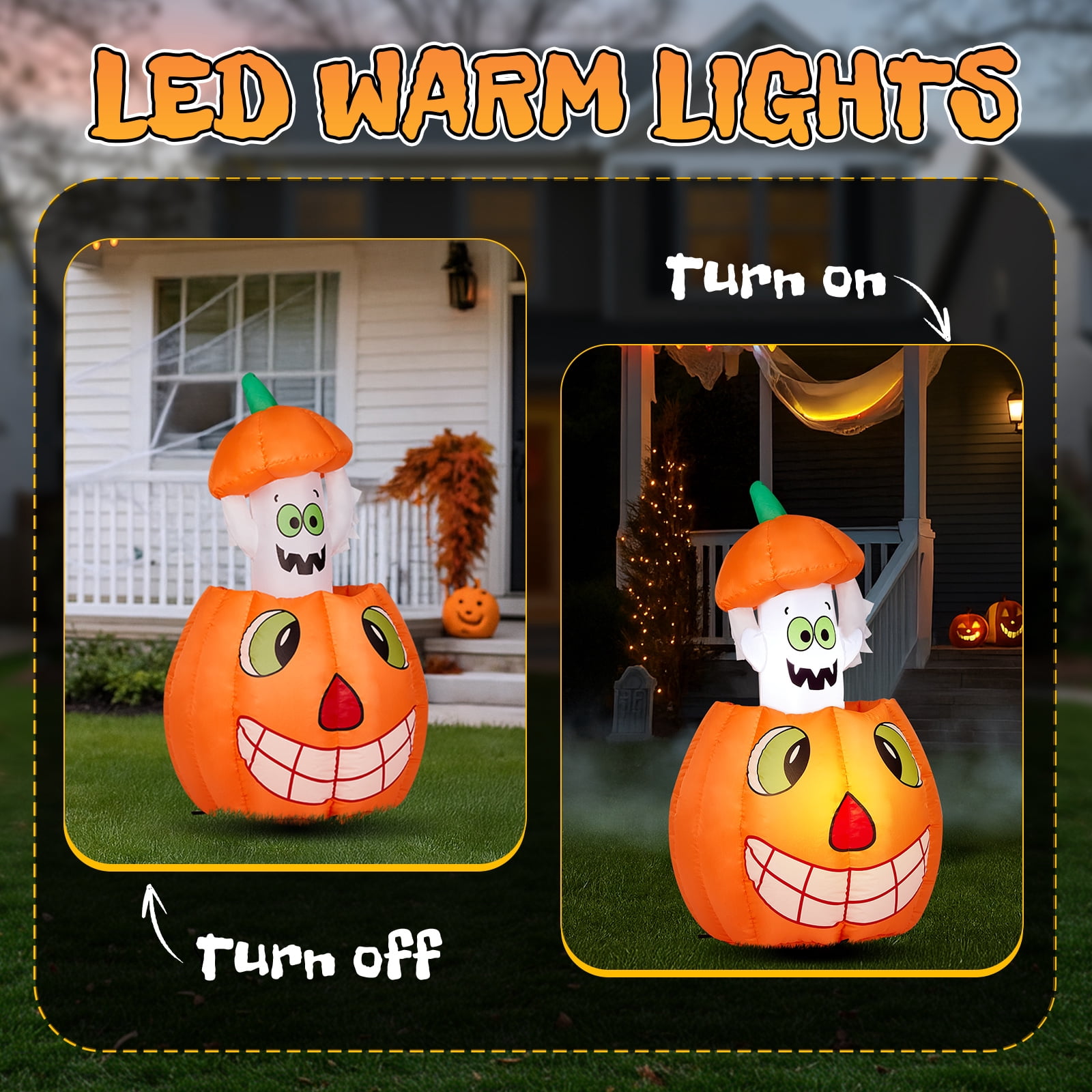 2.8 FT Halloween Inflatables Animated Pumpkin Ghost, Outdoor Decorations Blow Up Yard Decor with Built-in LEDs for Indoor Party Garden Lawn Decor