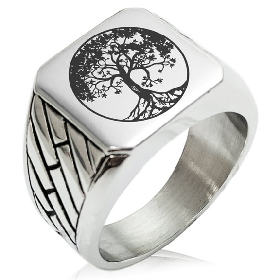 Stainless Steel Tree of Life Geometric Pattern Biker Style Polished Ring