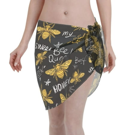 Adobk Women Beach Sarong Bathing Suit Hohey Bee Golden Embroidery Print Wrap Skirt Sheer Bikini Swimsuit Cover Ups For Swimwear
