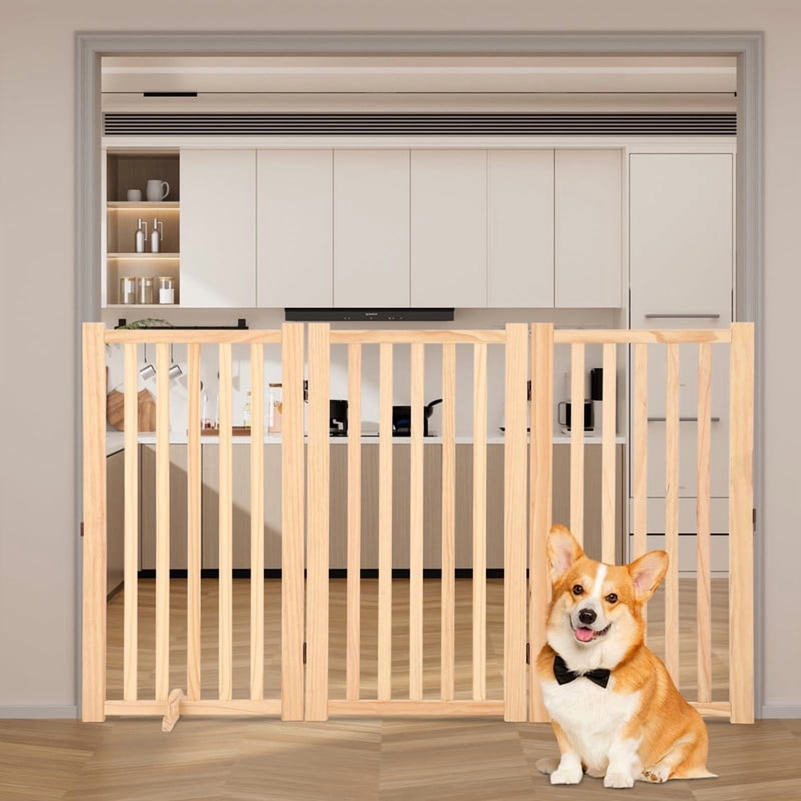 Towallmark 36 Inch Height 3 Panel Pet Gate, Freestanding Wooden Dog Gate, Folding Expandable Safety Barrier with Support Feet, Indoor Pressure Mount for Doorway Stairs Hallway, Solid Hardwood