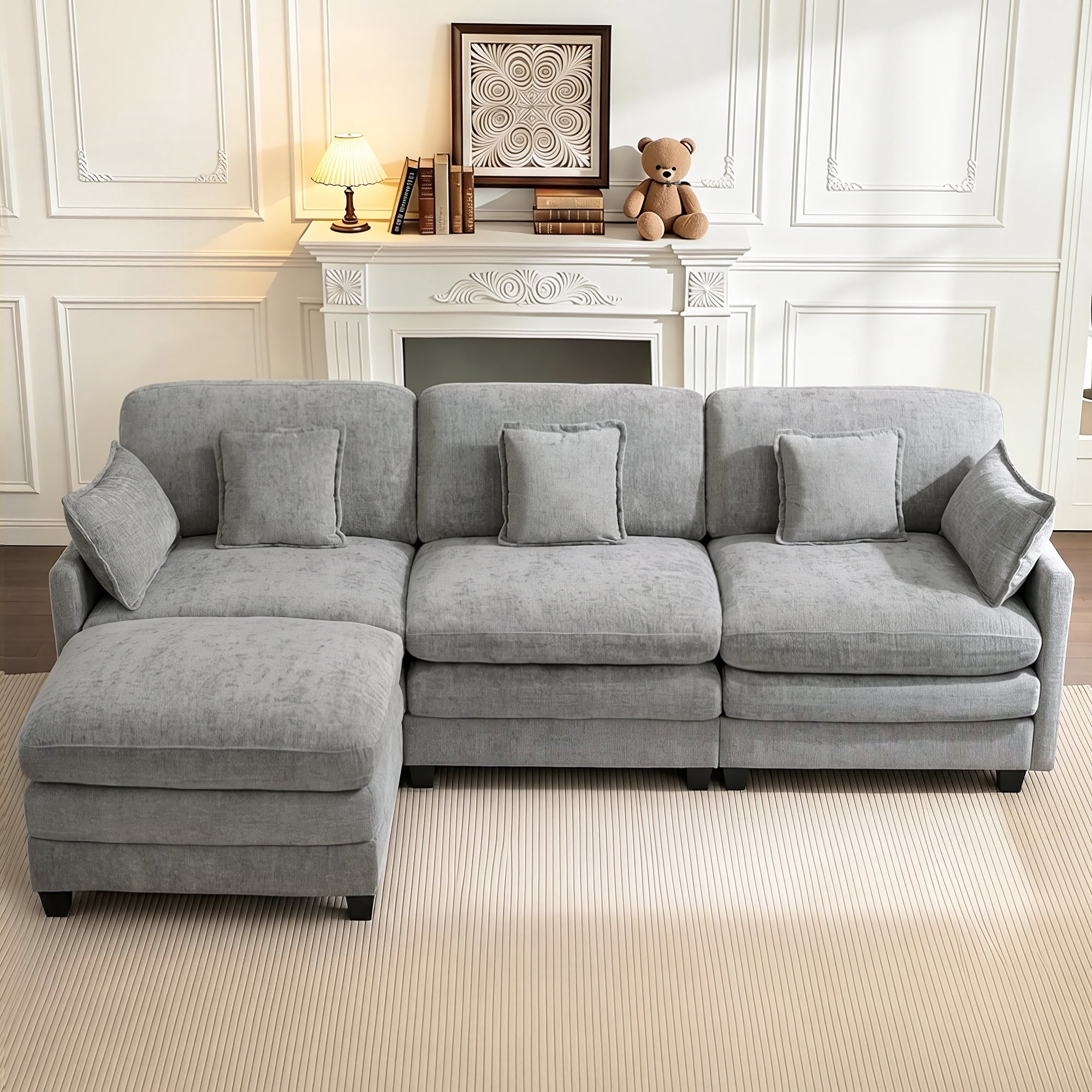 MCombo 111.8'' Modular Sectional Sofa Couch with Chaise Ottoman for Living Room, L Shaped Sofa, FSC Certified, Grey