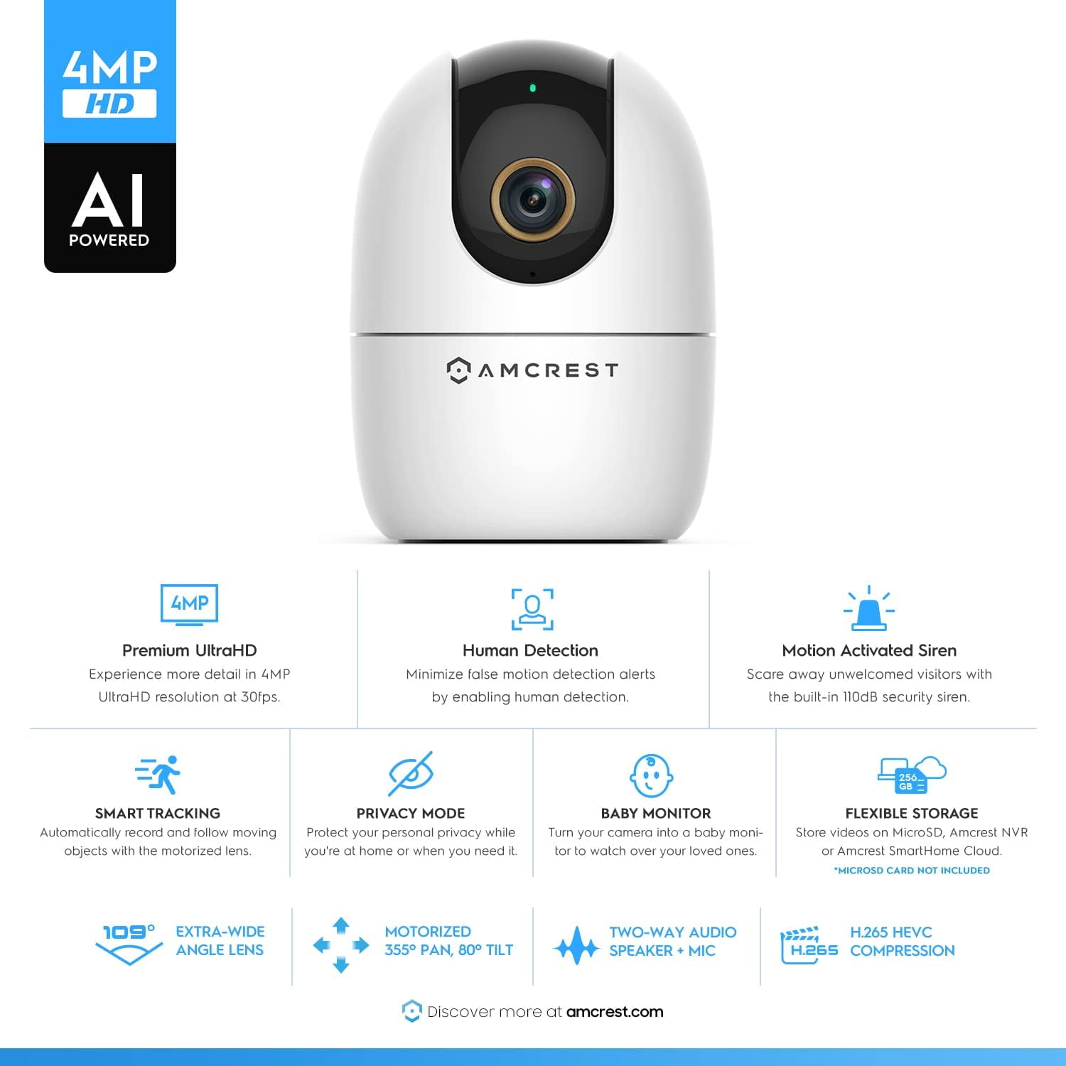 Amcrest 4MP WiFi Camera Indoor, Dog Camera, Sound & Baby Monitor, Human & Pet Detection, Motion-Tracking, w/ 2-Way Audio, Phone App, Pan/Tilt Wireless IP Camera, Night Vision, Smart Home ASH41-W