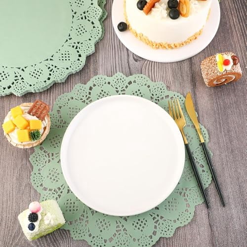 Sage Green 12-Inch Round Lace Paper Doilies, 150-Pack Disposable Decorative Placemats for Food, Cakes, Crafts, Parties, and Wedding Table Decorations