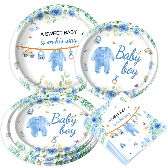 Blue Themed Baby Shower Party Plates & Napkins Set - Sweet Arrival Decorations